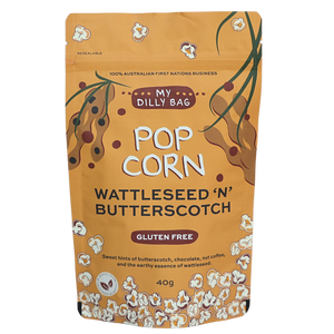 Gourmet popcorn flavored with native wattleseed and butterscotch from My Dilly Bag