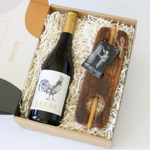 Gift box with Victorian pinot noir and handcrafted two-glass travel picnic stake.