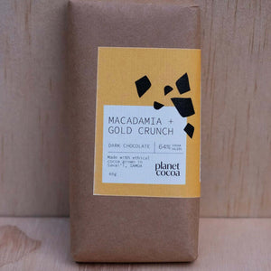 Dark chocolate bar from Planet Cocoa made with ethically sourced Samoan cocoa beans, roasted Australian macadamias, and housemade vegan honeycomb gold crunch