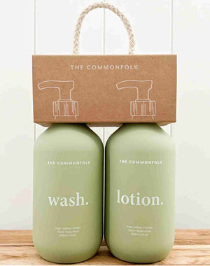 Natural hand wash and lotion kit with lemon, sandalwood, sage and berry scent, packaged in recyclable bottles by The Commonfolk