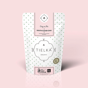 Tielka certified organic chai in 10 pyramid tea bags, rich, creamy, and award-winning blend.
