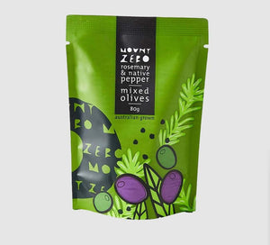 Organic olives with rosemary and native pepperberry from solar-powered Mount Zero farm.