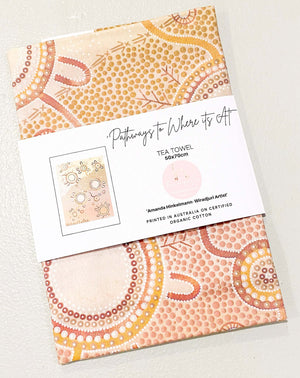 Pathways to Where It's At’ organic cotton tea towel featuring Aboriginal artwork by Wiradjuri artist Amanda Hinkelmann, made in Australia.