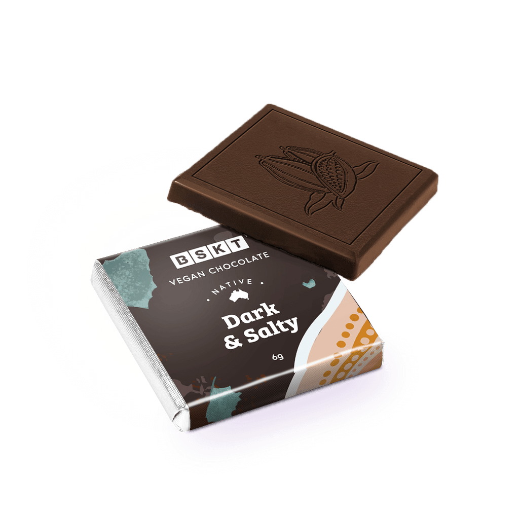 Vegan chocolate bites infused with native ingredients from BSKT included in the hamper by curated with conscience