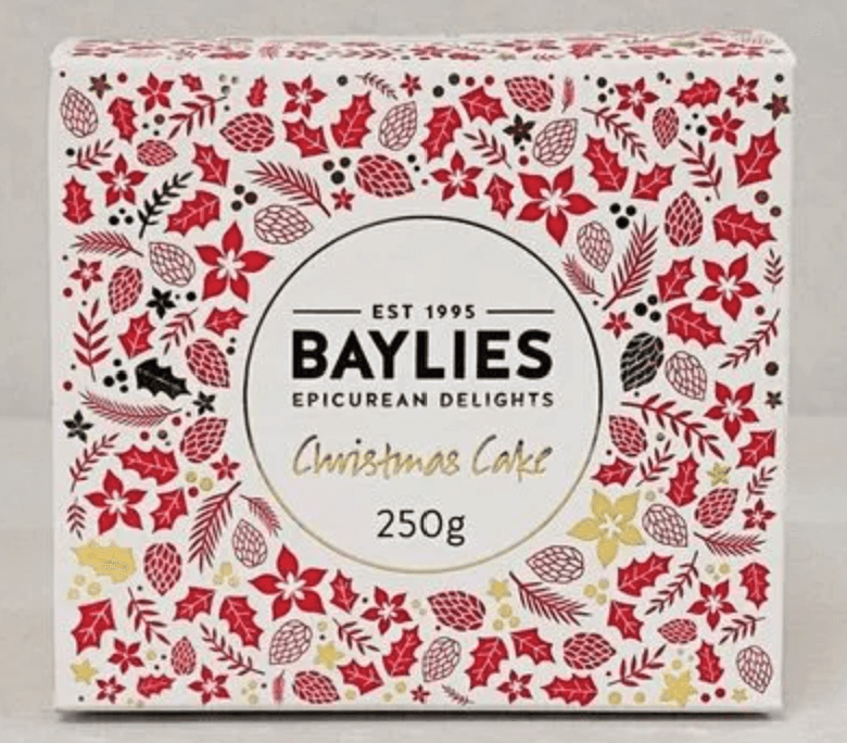 Traditional Christmas cake from Baylies Epicurean Delights included in the hamper of curated with conscience