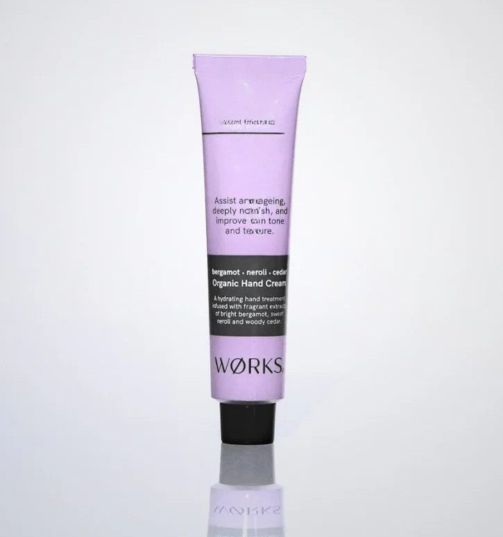 WØRKS Bergamot Hand Cream with neroli and cedar, a calming blend for hydration and relaxation.