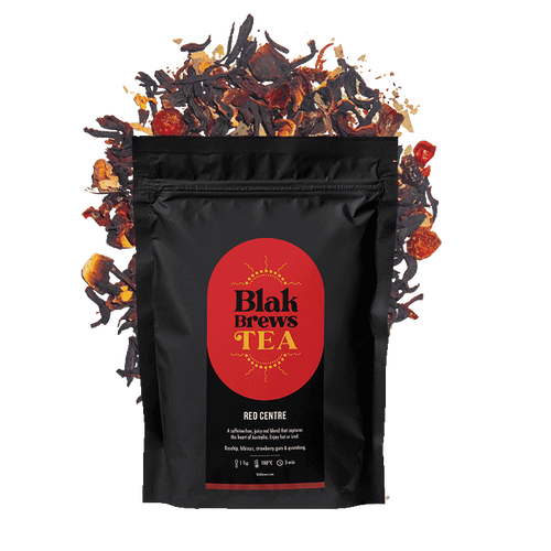 Blak Brews Red Centre Tea – Caffeine-free native tea blend with hibiscus, strawberry gum, rosehip, and quandong included in the hamper by curated with conscience