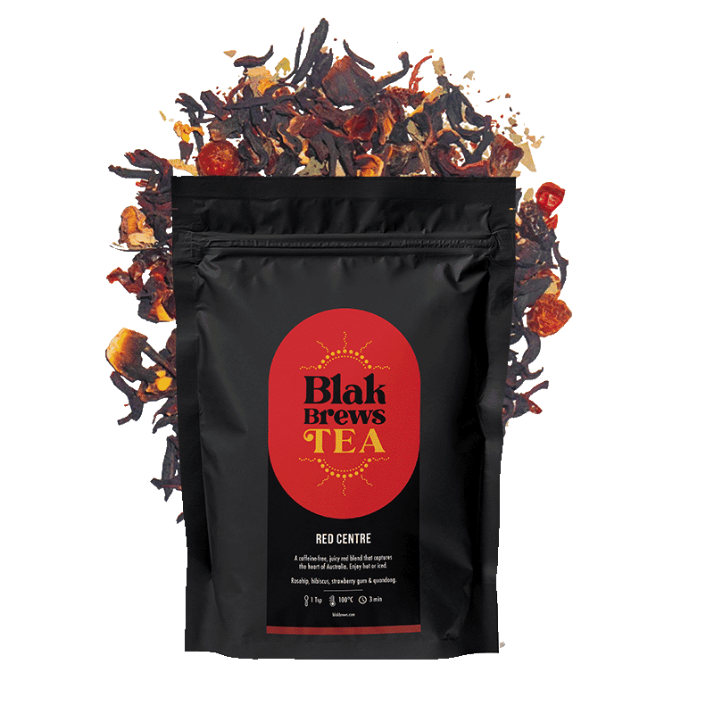 Blak Brews Red Centre Tea – Caffeine-free native tea blend with hibiscus, strawberry gum, rosehip, and quandong.