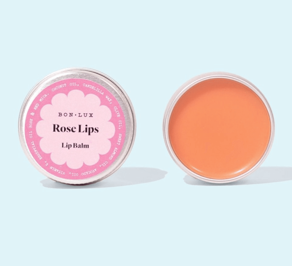 Bon Lux vegan lip balm with nut, fruit, and flower oils, scented with pure Bulgarian roses, perfect for on-the-go included in the hamper by curated with conscience