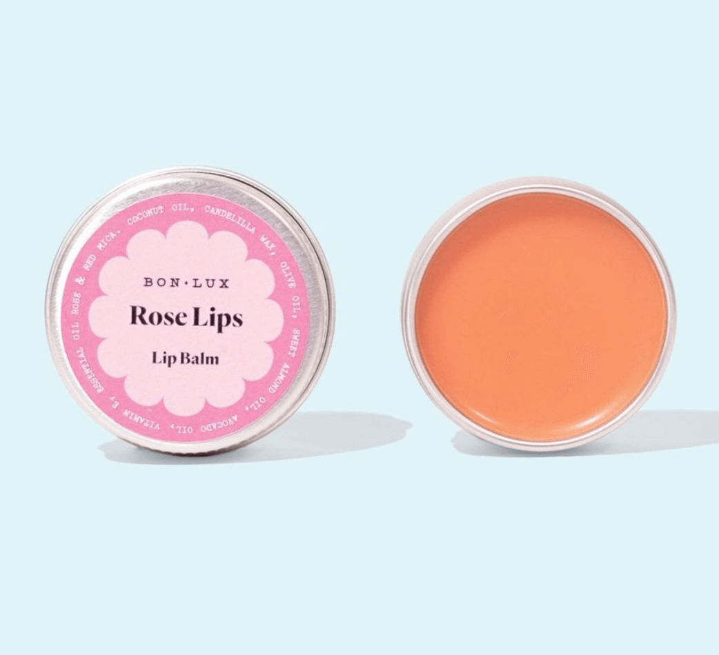 Bon Lux vegan lip balm with nut, fruit, and flower oils, scented with pure Bulgarian roses, perfect for on-the-go.