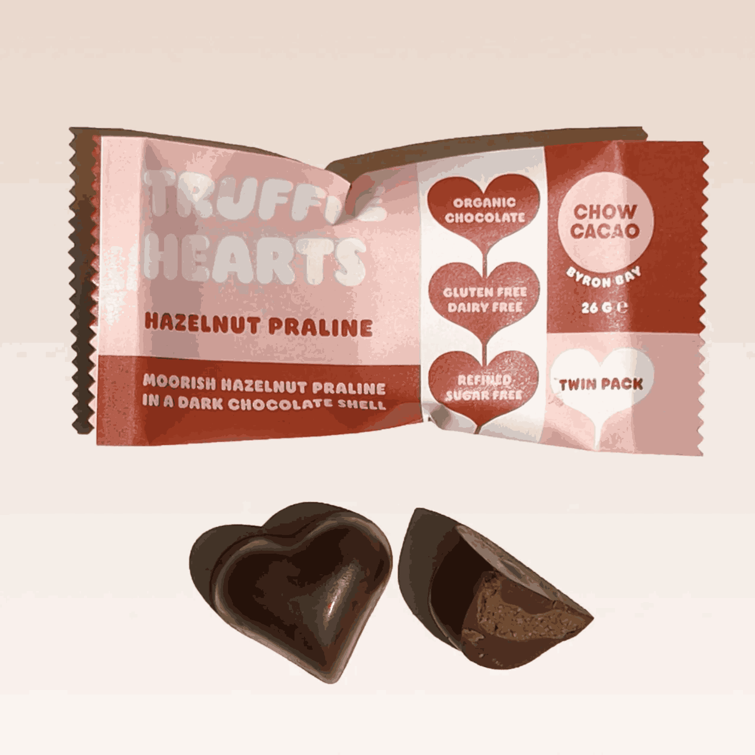 Organic dark chocolate heart with smooth hazelnut praline filling, sea salt, and vanilla by Chow Cacao