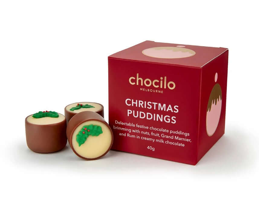 Christmas chocolate puddings with a Christmas leaves design from Chocilo a Melbourne based company in Australia included in the hamper of curated with conscience
