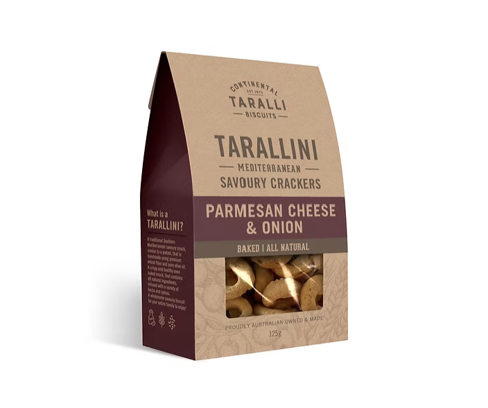 Traditional Mediterranean parmesan and onion biscuits, handcrafted by South Australian family business Continental Taralli Biscuits using time-honoured methods.