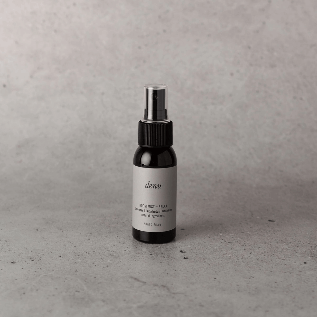 denu Relaxing Room Mist with lavender, eucalyptus, and lemon, made in small Melbourne batches.