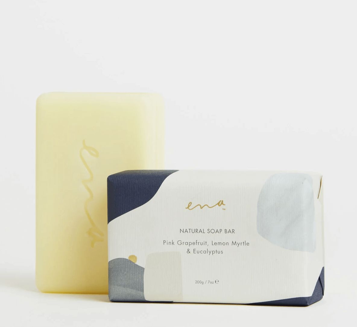 Luxurious Ena natural soap bar with pink grapefruit, lemon myrtle, and eucalyptus for a gentle, moisturizing cleanse included in the hamper of curated with conscience