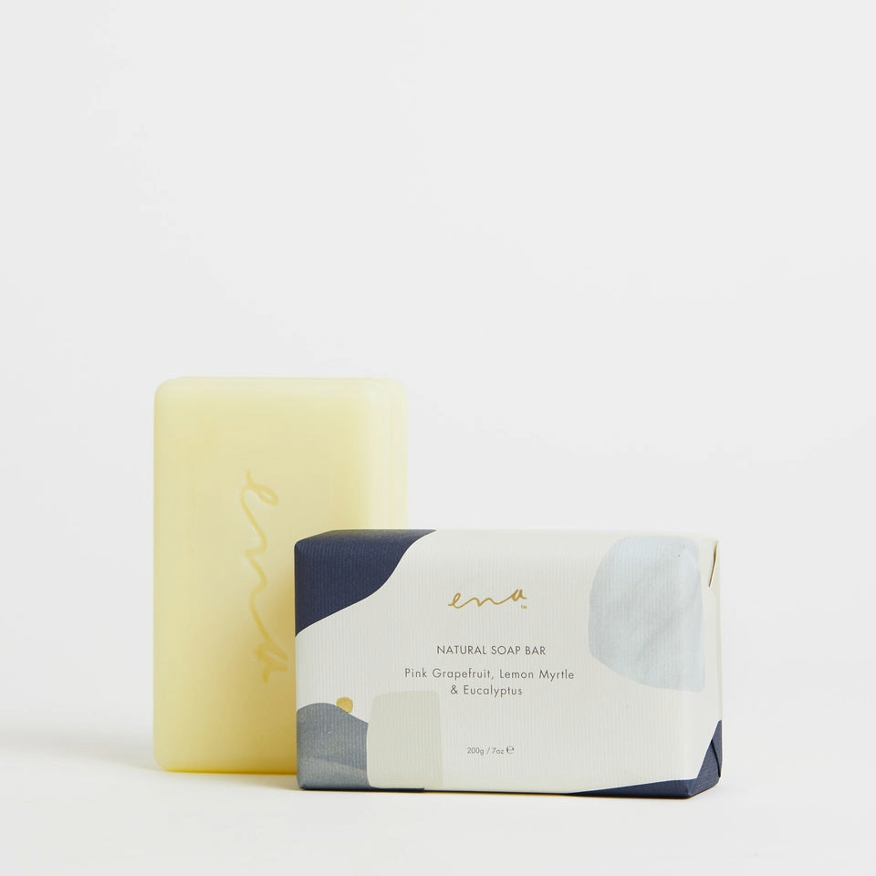 Ena natural soap bar with pink grapefruit, lemon myrtle, and eucalyptus. Handcrafted in Naarm/Melbourne.