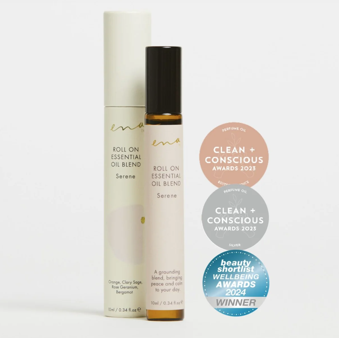 Ena &#39;Serene&#39; essential oil roll-on with Orange, Clary Sage, Rose Geranium, Bergamot, and Jojoba oil for a calming, grounding effect.