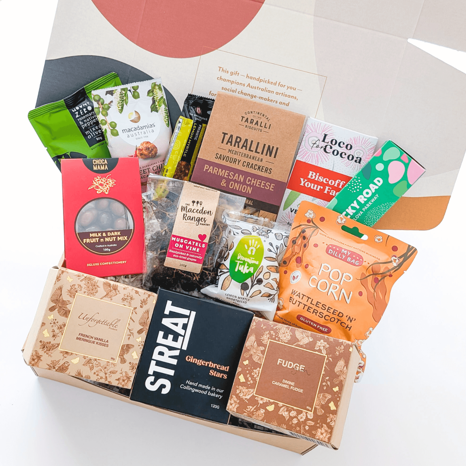 Gourmet Fare to Share hamper featuring Australian artisan treats, Indigenous-owned and social enterprise products, with sweet, savoury, gluten-free, and vegan options.