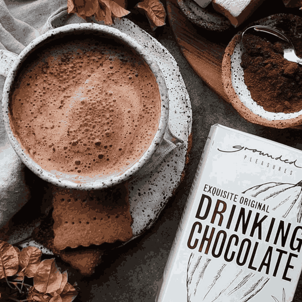 Vegan and gluten-free dark drinking chocolate with plum and berry notes, made in Ballarat by Grounded Pleasures
