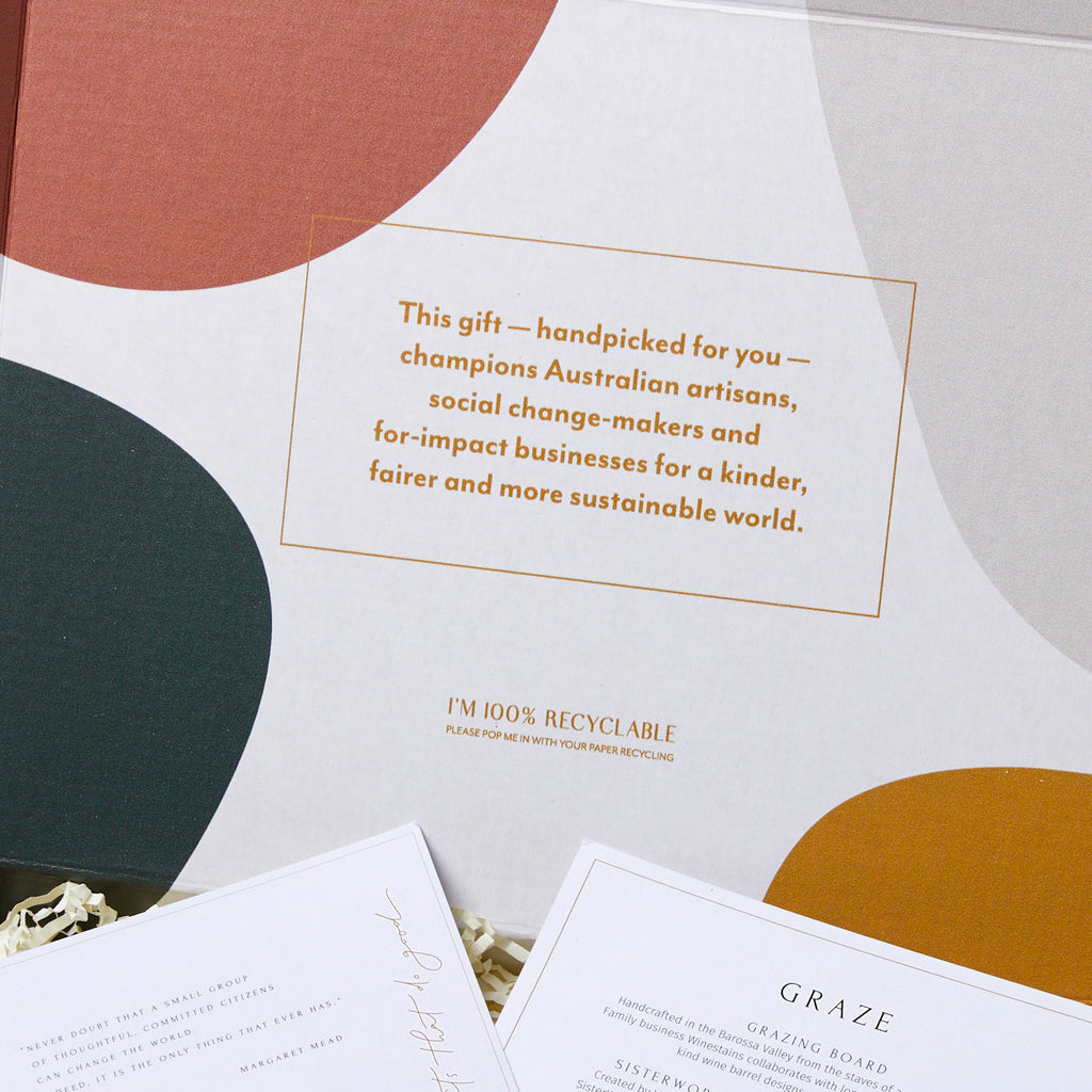 Message on hamper box highlighting support for Australian artisans, social change-makers, and sustainable impact businesses.
