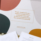 Message on hamper box highlighting support for Australian artisans, social change-makers, and sustainable impact businesses.