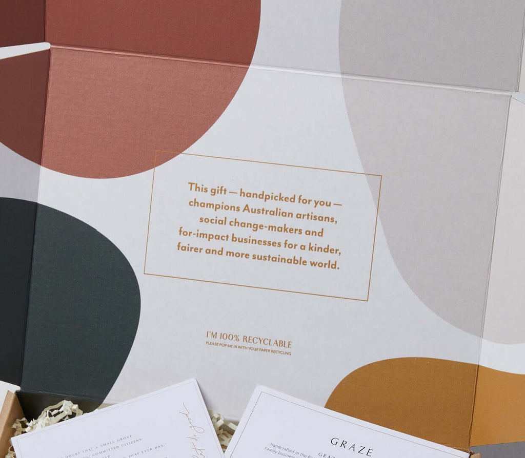 Message on hamper box highlighting support for Australian artisans, social change-makers, and sustainable impact businesses.