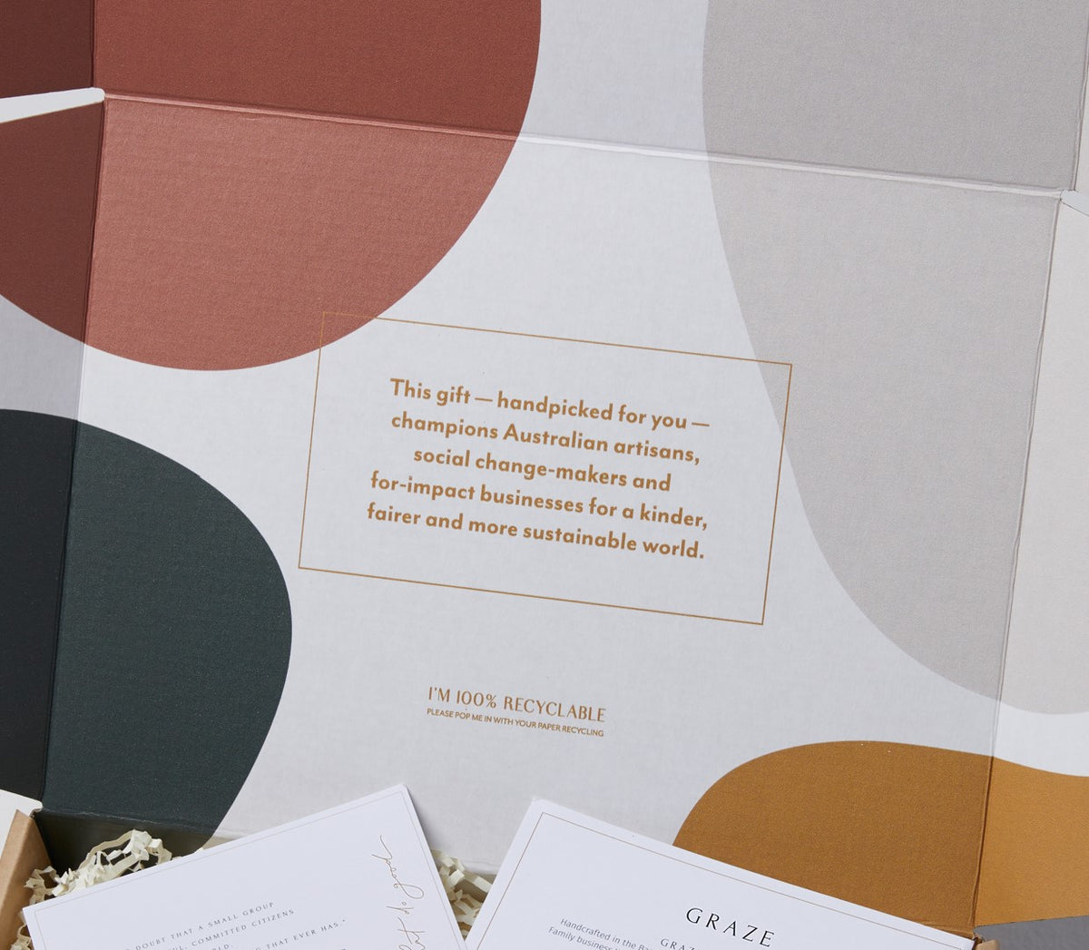 Message on hamper box highlighting support for Australian artisans, social change-makers, and sustainable impact businesses.