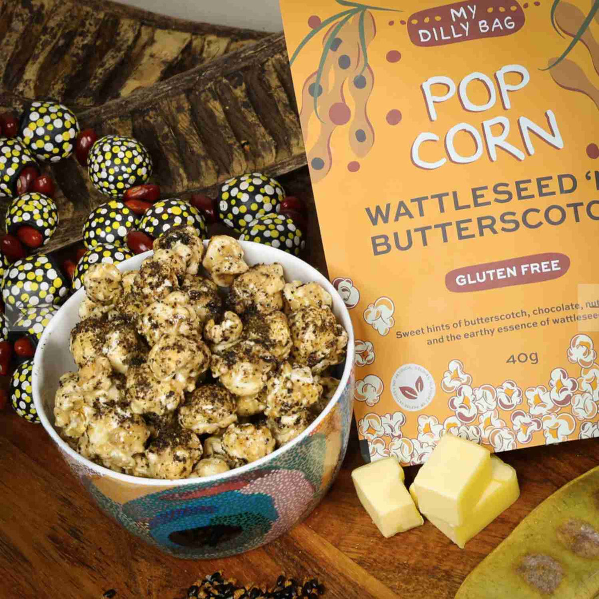 Wattleseed and butterscotch gourmet popcorn made by Indigenous-owned My Dilly Bag
