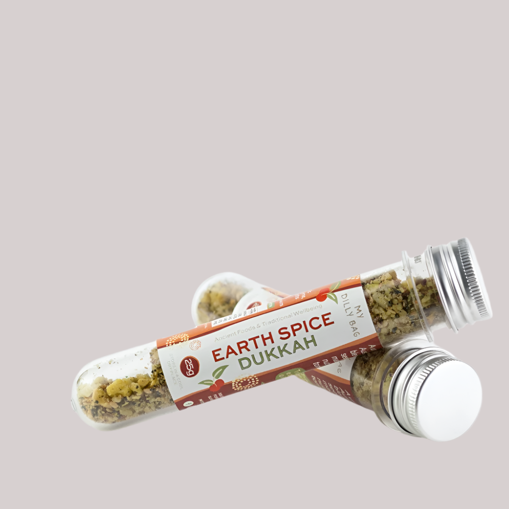 My Dilly Bag Earth Spice Dukkah – Indigenous-owned spice blend with seeds, macadamias, native herbs, and bush tomatoes.