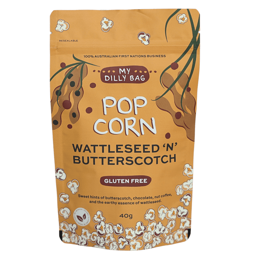 Gourmet popcorn flavored with native wattleseed and butterscotch from My Dilly Bag included in the hamper by curated with conscience