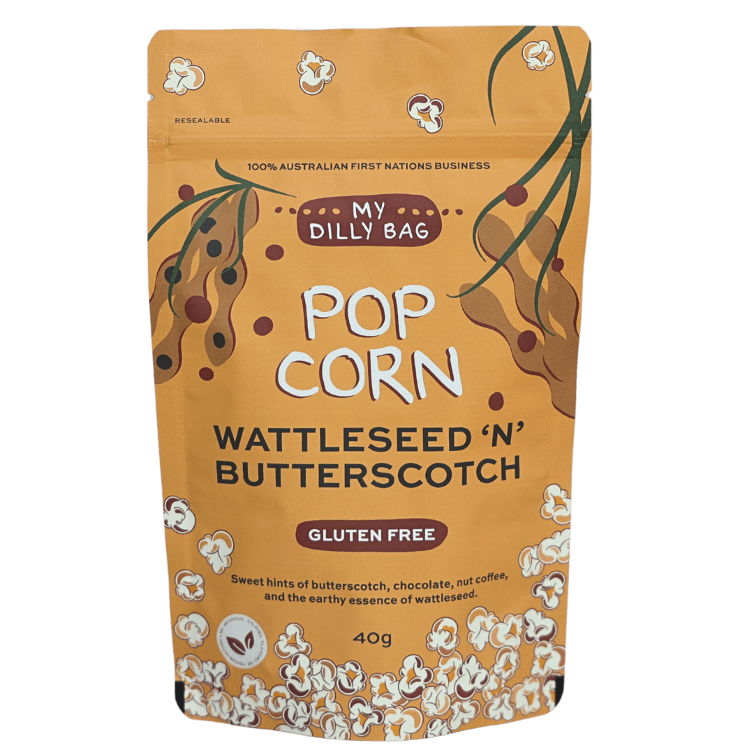 Gourmet popcorn flavored with native wattleseed and butterscotch from My Dilly Bag included in the hamper by curated with conscience
