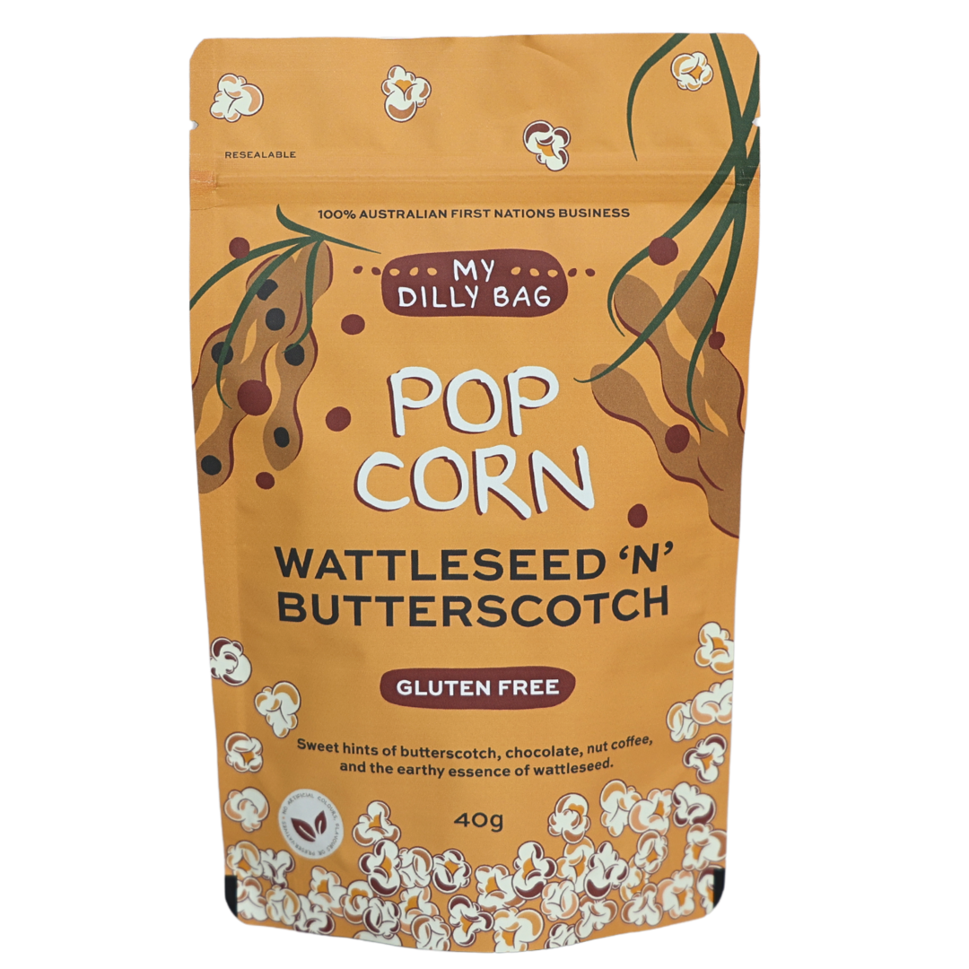 Gourmet popcorn flavored with native wattleseed and butterscotch from My Dilly Bag
