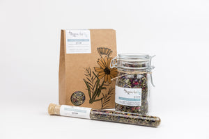 Organics For Lily Glow Tea with lemon balm, lavender, rose petals, withania, nettle, and chamomile for pregnancy well-being.