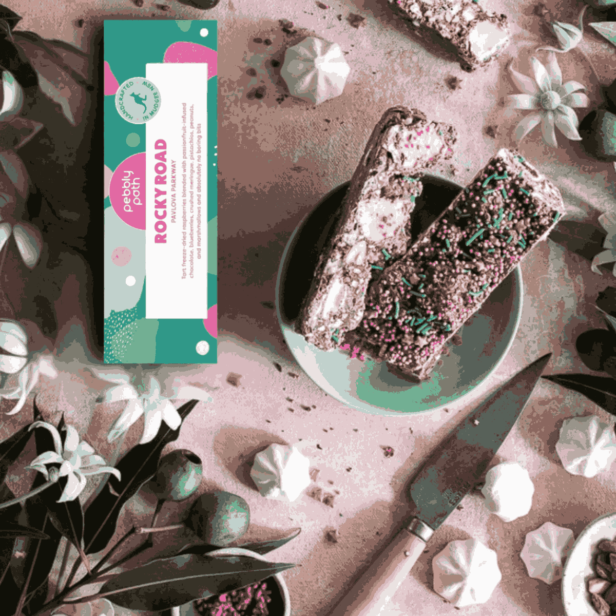 Pavlova-inspired rocky road with passionfruit chocolate, berries and pistachio, handmade in Mudgee