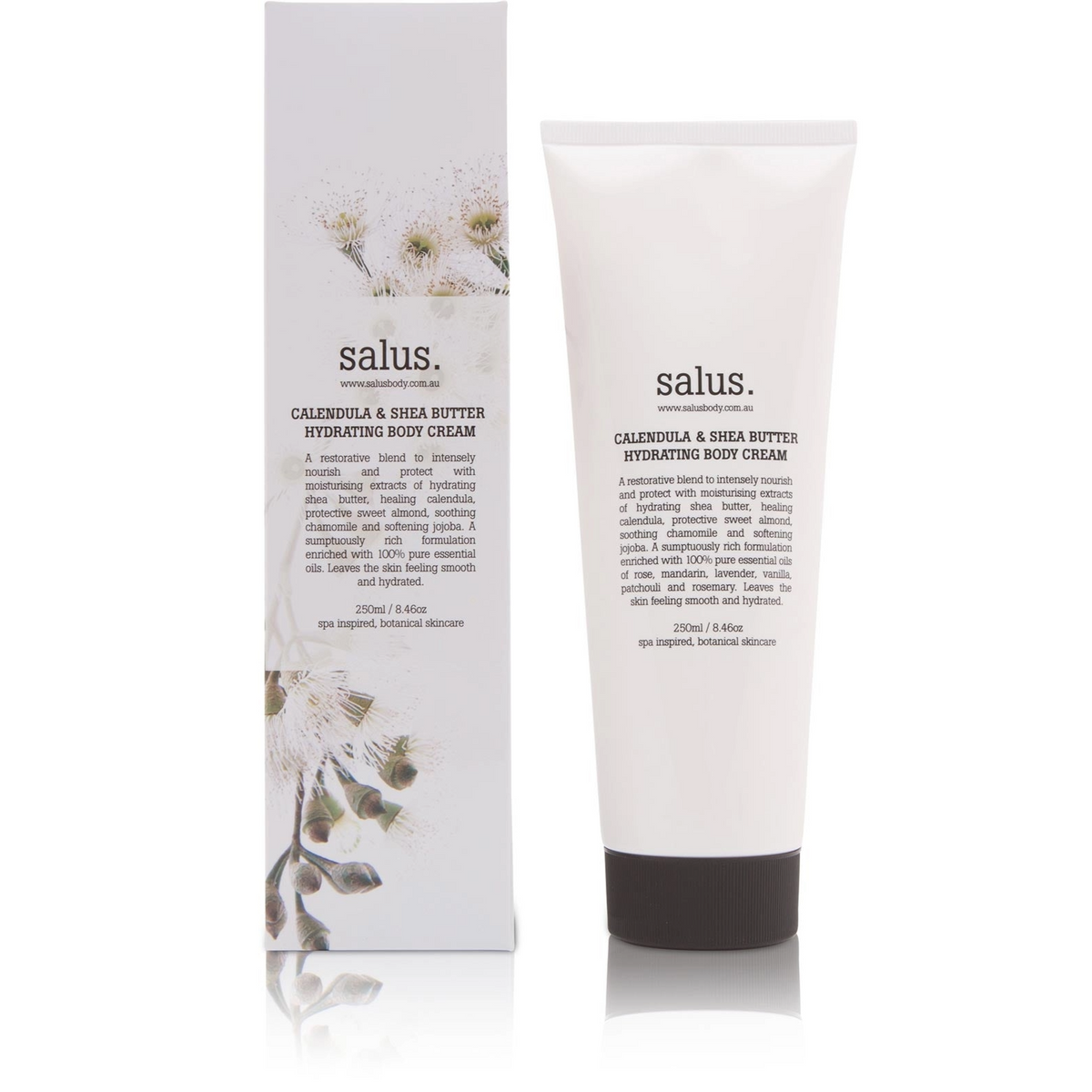 Salus Calendula & Shea Butter Hydrating Body Cream with shea butter, calendula, sweet almond, chamomile, and jojoba for intense nourishment and protection.