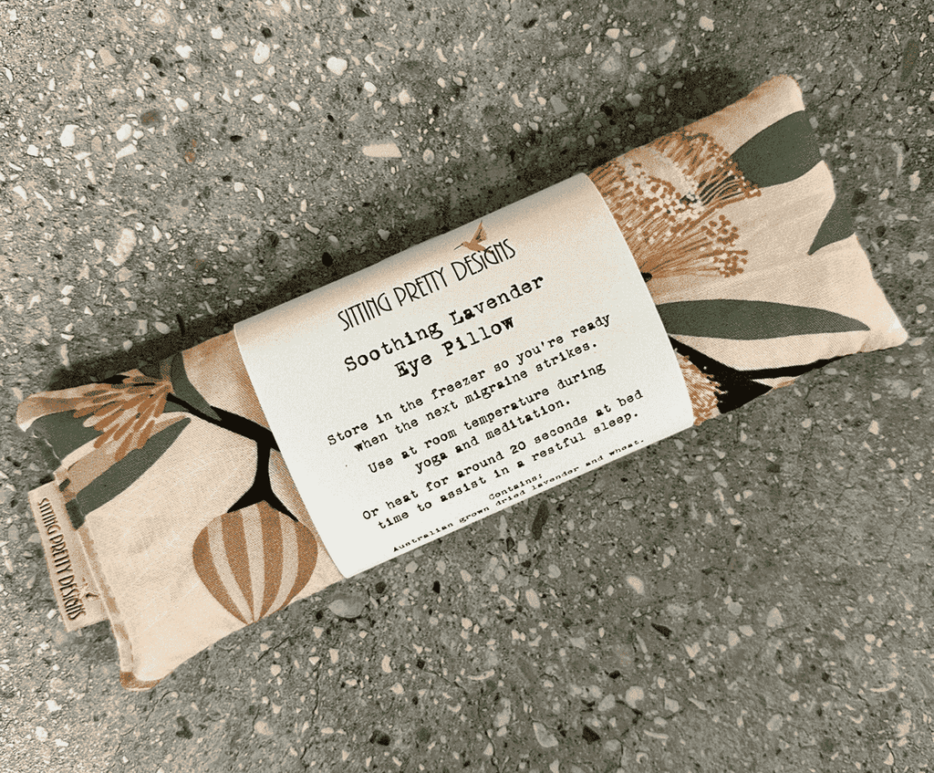 Handmade Warm Gum Blossom eye pillow with Australian lavender and wheat for relaxation and restful sleep