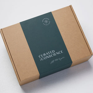 Front view of the Curated With Conscience hamper featuring eco-friendly packaging