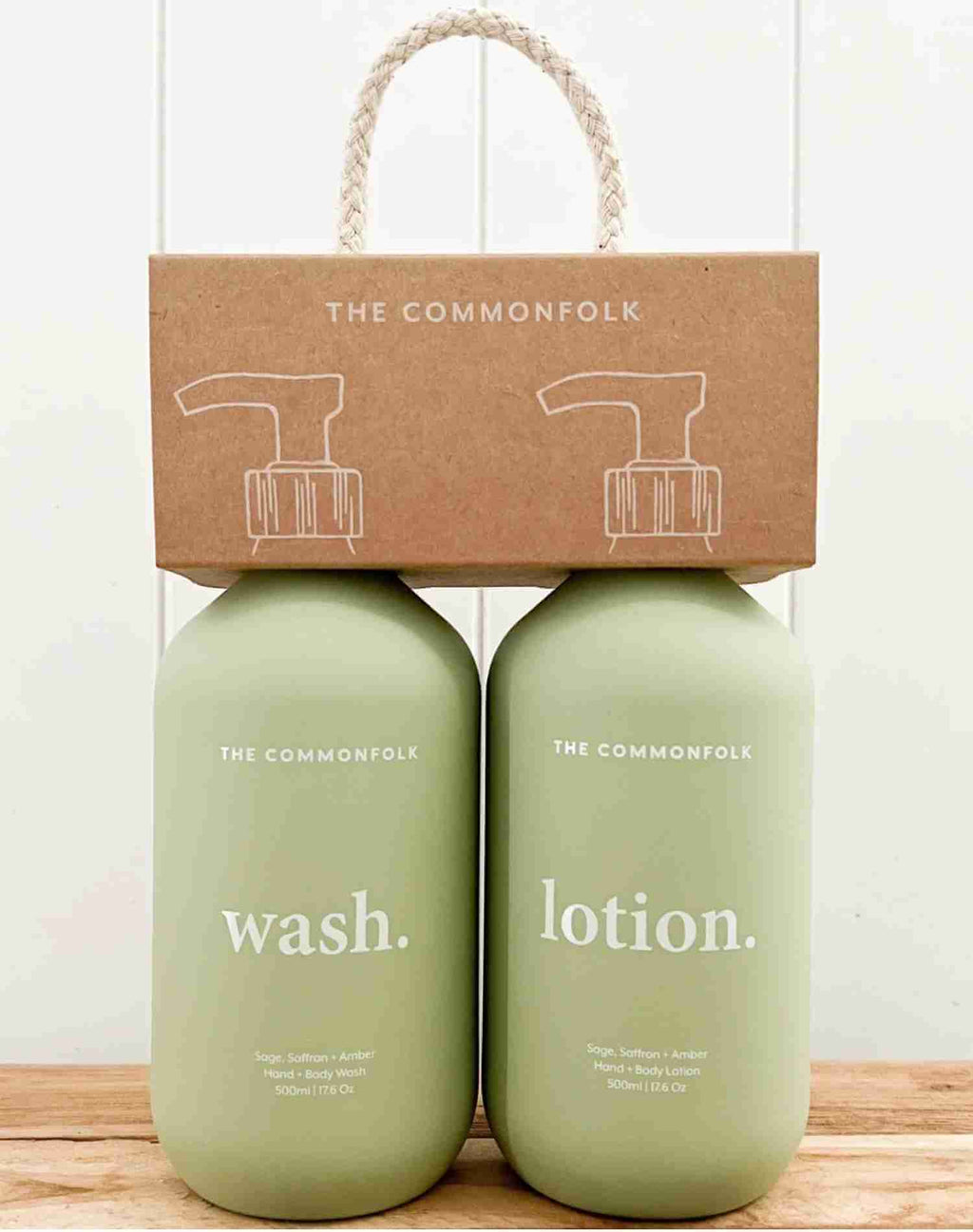 Natural hand wash and lotion kit with lemon, sandalwood, sage and berry scent, packaged in recyclable bottles by The Commonfolk