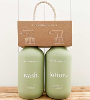 Australian-made natural wash and lotion kit with notes of lemon, berries, amber, sandalwood, and sage, sustainably packaged and refillable.