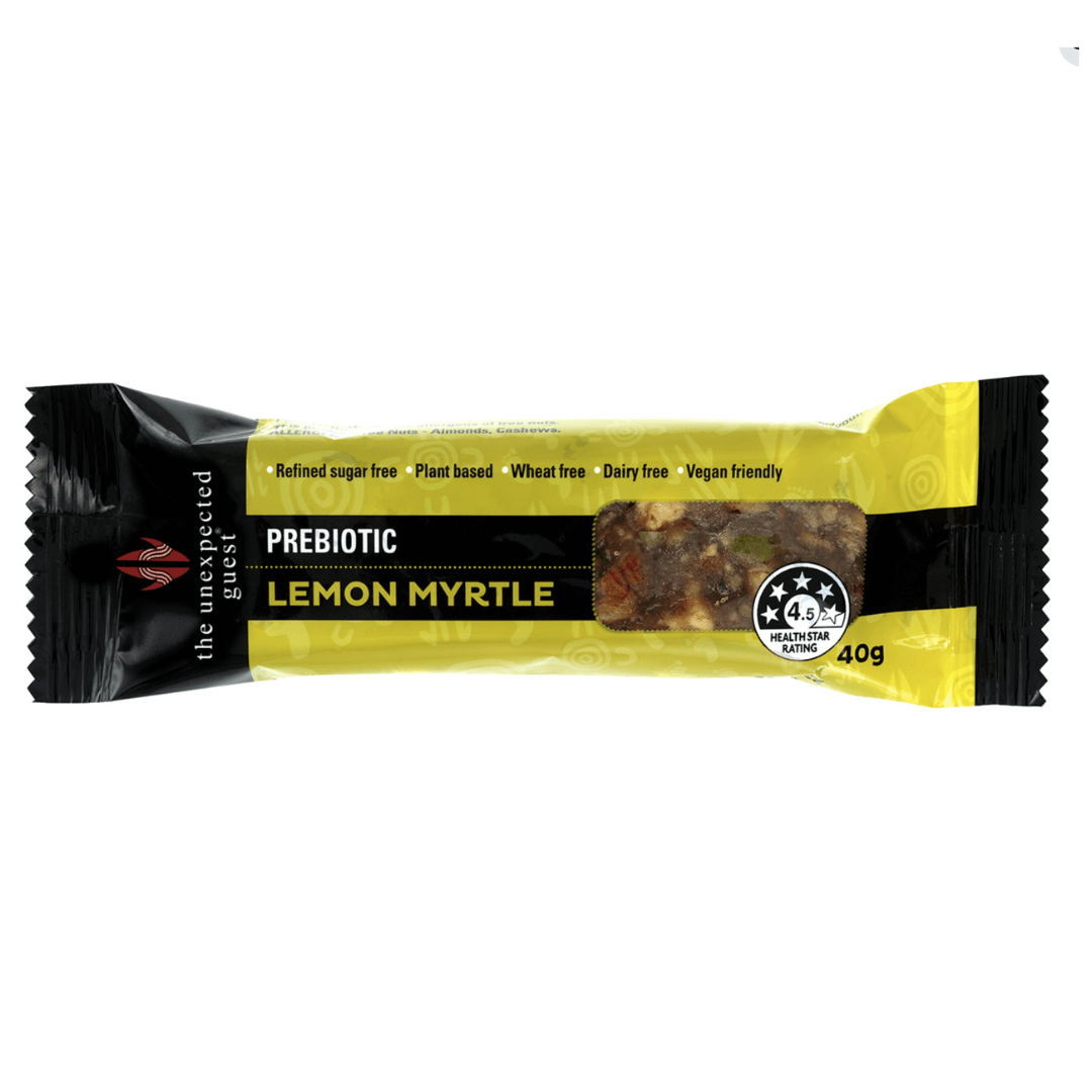 The Unexpected Guest prebiotic bar blends local and Indigenous ingredients like almonds, cashews, apple, coconut, chicory fibre, and lemon myrtle for a healthy snack.