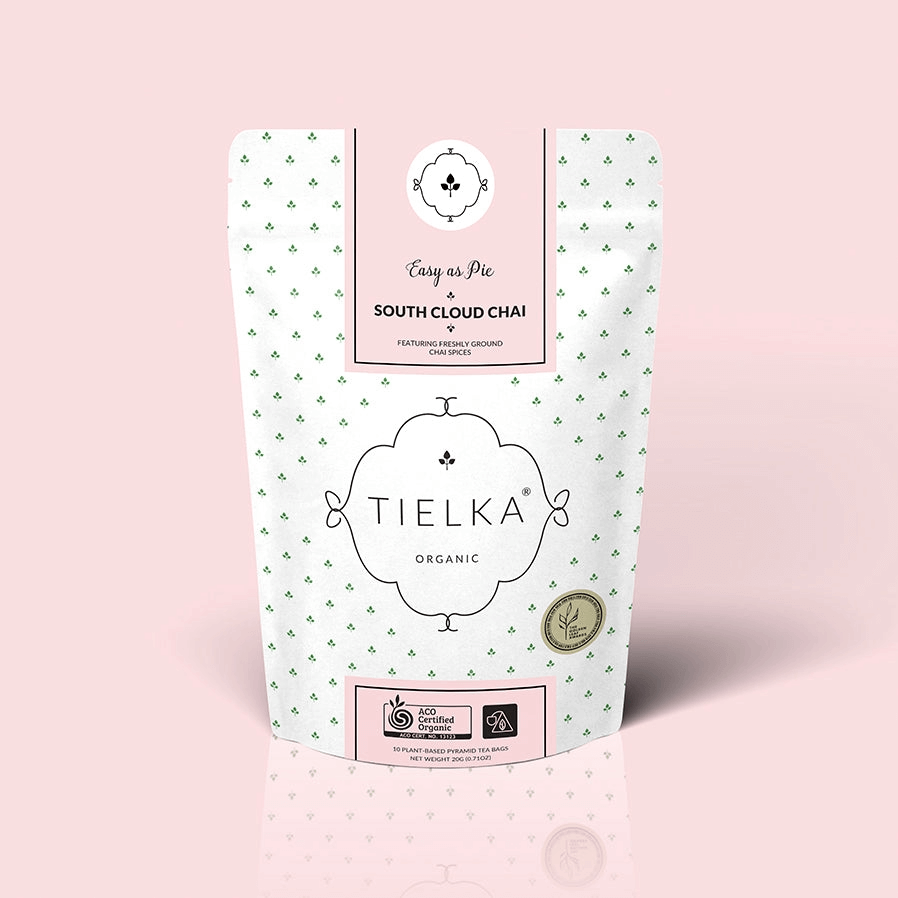 Tielka certified organic chai in 10 pyramid tea bags, rich, creamy, and award-winning blend included in the hamper by curated with conscience