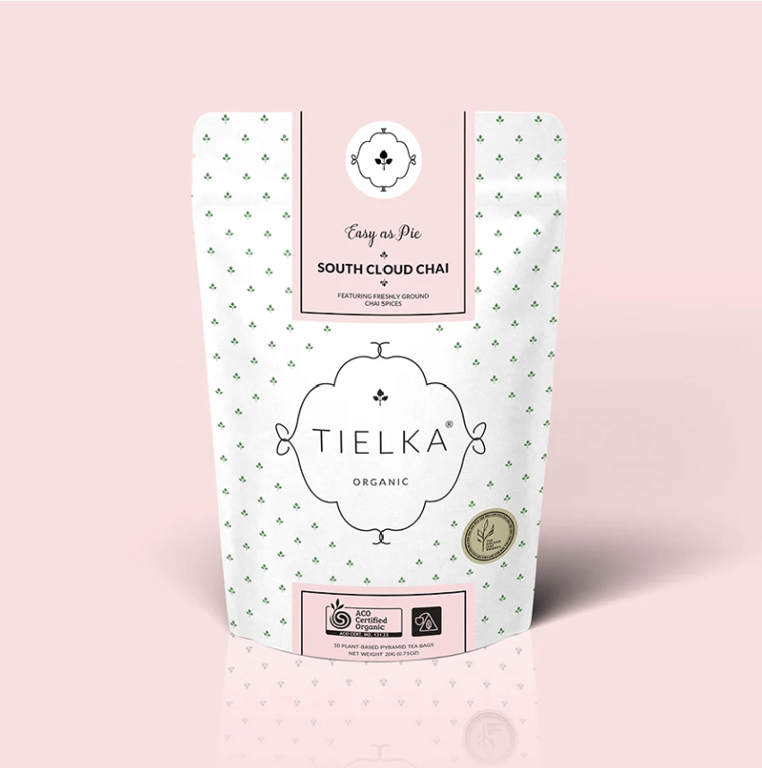 Tielka certified organic chai in 10 pyramid tea bags – rich, creamy, and award-winning, in heart-warming traditional packaging included in the hamper of curated with conscience