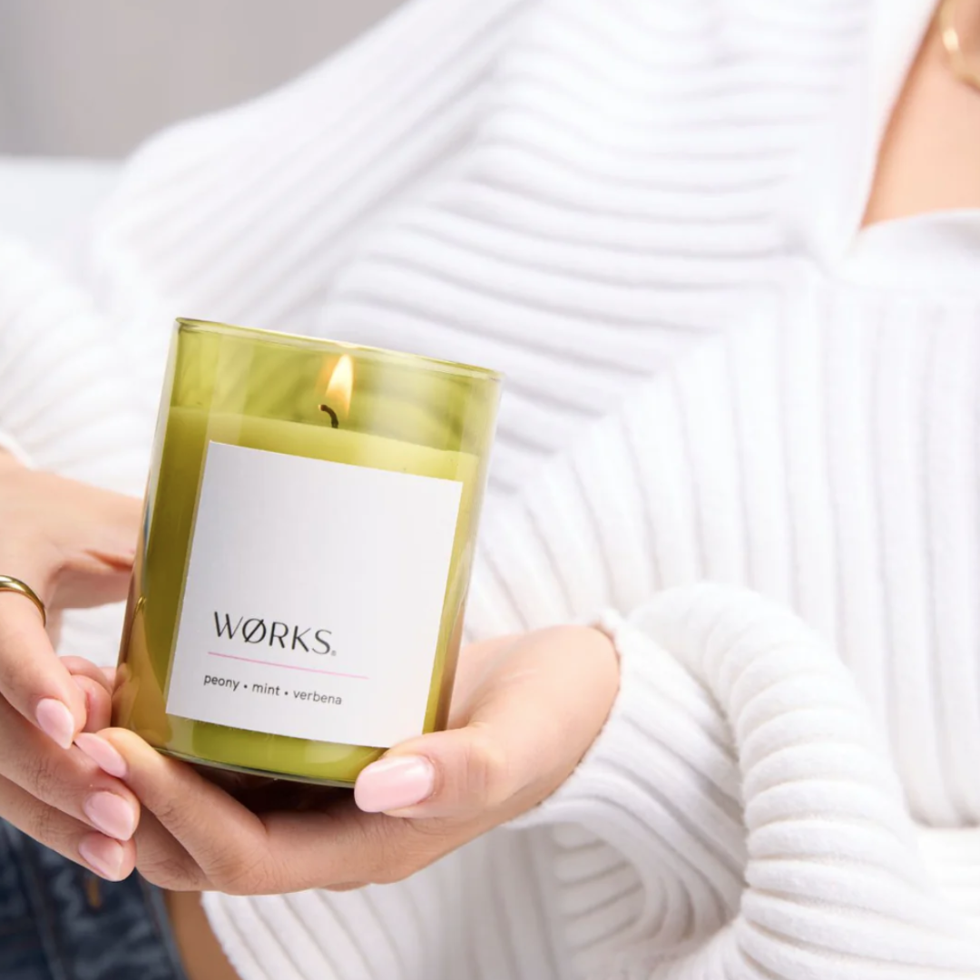 Vetiver, nettle, and petitgrain scented soy and coconut wax candle by WØRKS, hand-poured in small batches included in the hamper by curated with conscience