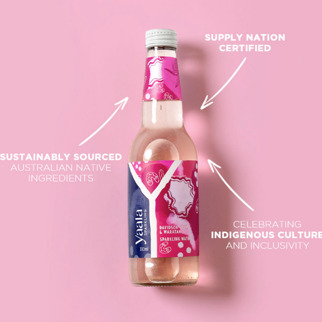 Yaala Sparkling water infused with native Australian ingredients of Davidson Plum and floral sweetness of Waratah, crafted by Indigenous-owned brand