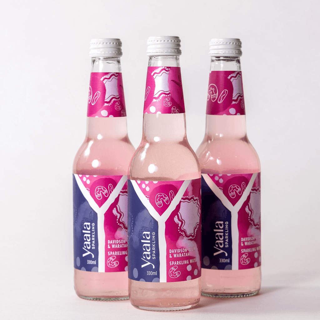 Yaala Sparkling water infused with Davidson Plum and Waratah. A refreshing, nutrient-rich drink made with native ingredients by an Indigenous-owned brand included in the hamper of curated with conscience