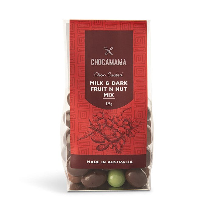 ChocaMama Premium Fruit &amp; Nut Mix coated in milk and dark chocolate, crafted on Yalukit-willam country, Williamstown, Victoria.