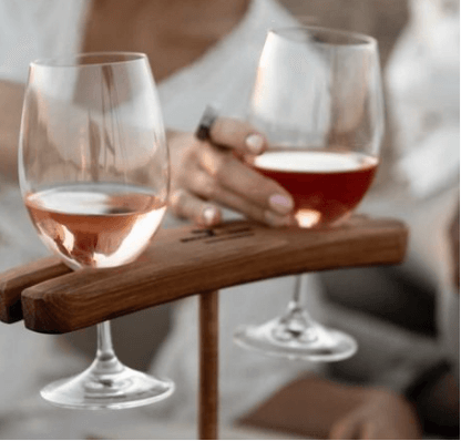 Handcrafted travel picnic stake by Winestains, made from recycled wine barrels to hold two glasses – created on Peramangk Country in the Barossa Valley, South Australia.